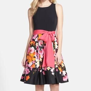 Eliza J Fit & Flare Floral Dress Belted Mesh Underskirt Size 6P Flirty Fun